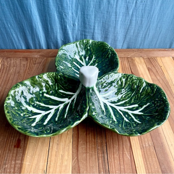 Vintage Faiancas Belo Majolica Cabbage Leaf Divided Ceramic Serving Dish - Picture 1 of 6